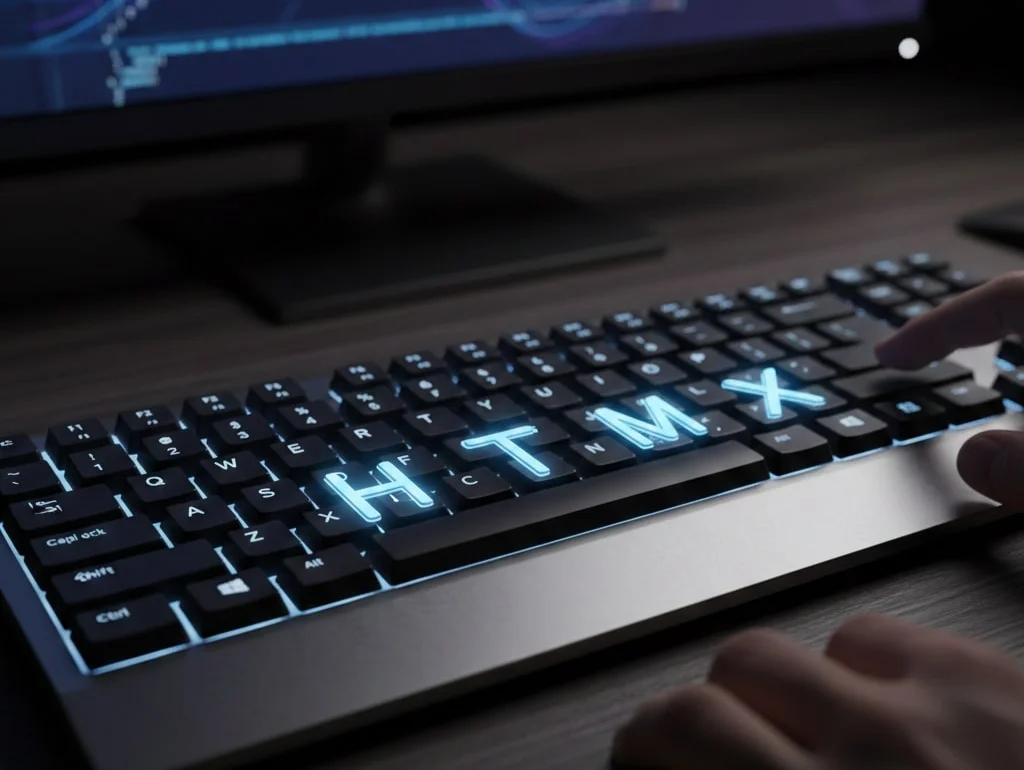 Nahaufnahme einer Tastatur mit beleuchteten HTML-Tasten, im Hintergrund ein Monitor mit Code. Hand positioniert über den Tasten.