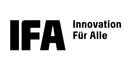 Schwarzes "IFA" Logo mit Slogan "Innovation Für Alle" auf weißem Hintergrund.