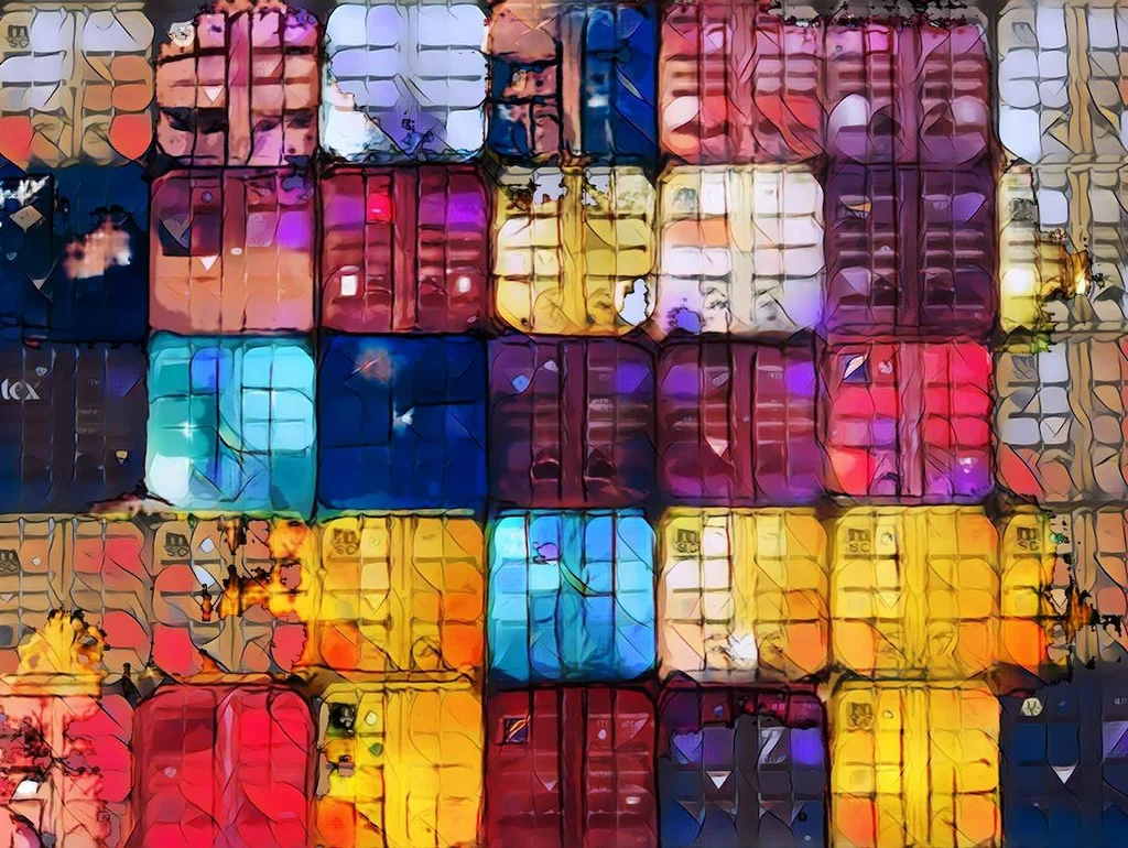 Abstrakte Darstellung von farbigen Containern in einer rasterförmigen Anordnung, mit Texturen und verschiedenen Farbvariationen.
