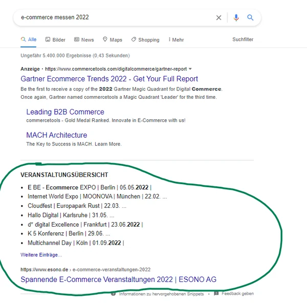 Suchergebnisse für "E-Commerce Messen 2022" mit Highlight auf Veranstaltungsübersicht.