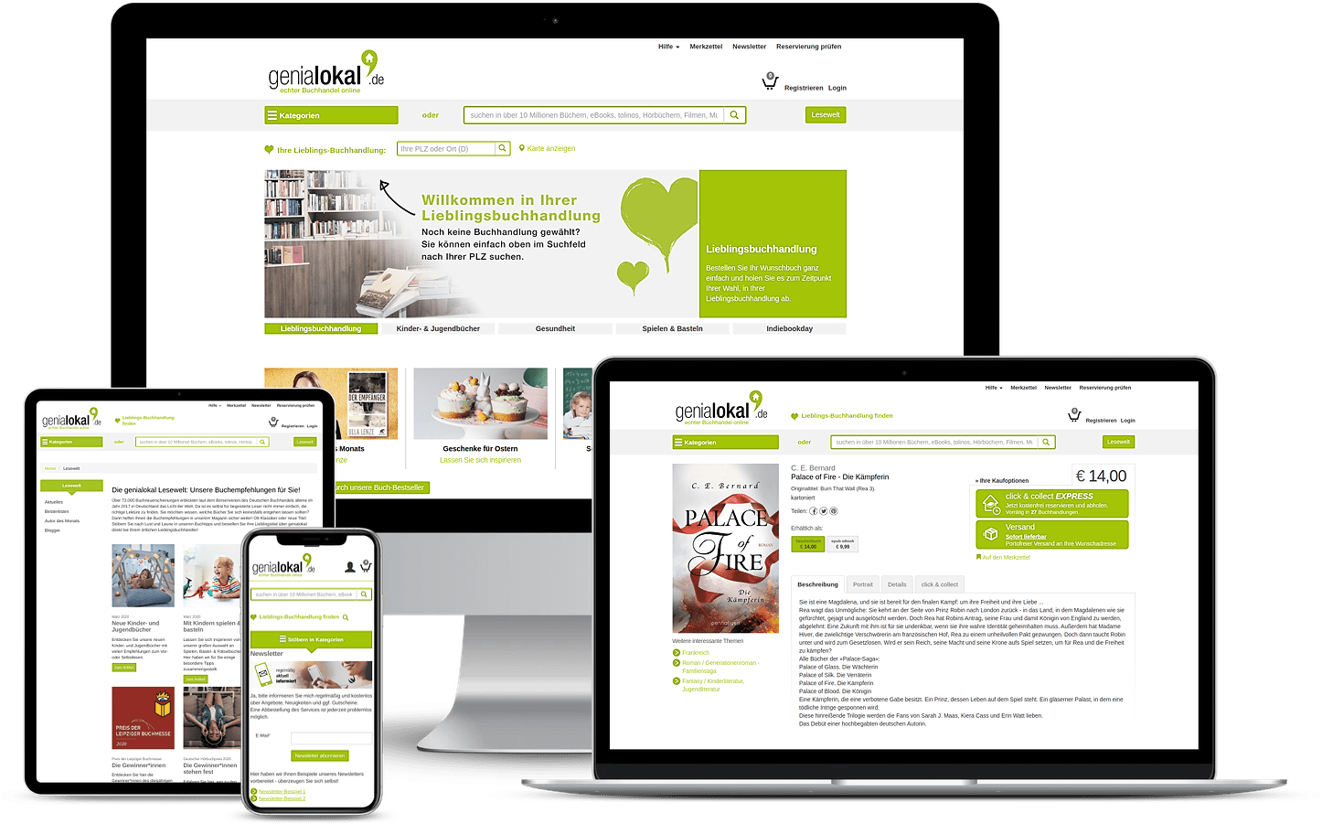 Website in responsivem Design auf PC, Tablet und Smartphone mit genialokal.de-Inhalten und Suchfunktion.