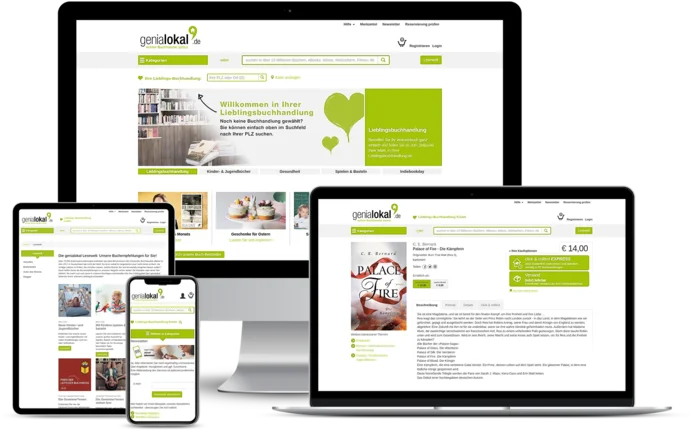 Website in responsivem Design auf PC, Tablet und Smartphone mit genialokal.de-Inhalten und Suchfunktion.