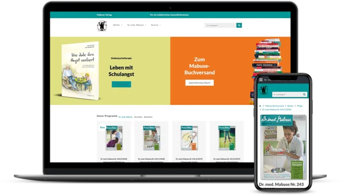 Website des Mabuse Verlags auf Laptop und Smartphone: Bücher und Zeitschriften zu Gesundheitsthemen sichtbar.