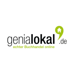 Logo von genialokal.de, grüner Pin mit Haus-Symbol, Text: „echter Buchhandel online“.