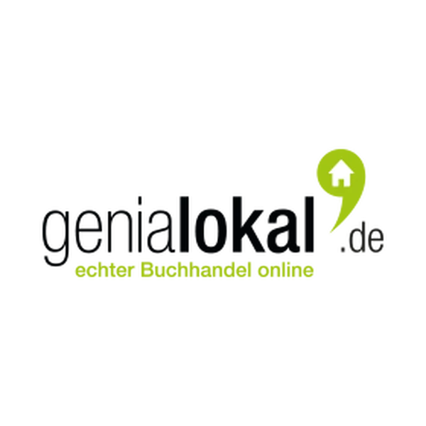 Logo von genialokal.de, grüner Pin mit Haus-Symbol, Text: „echter Buchhandel online“.