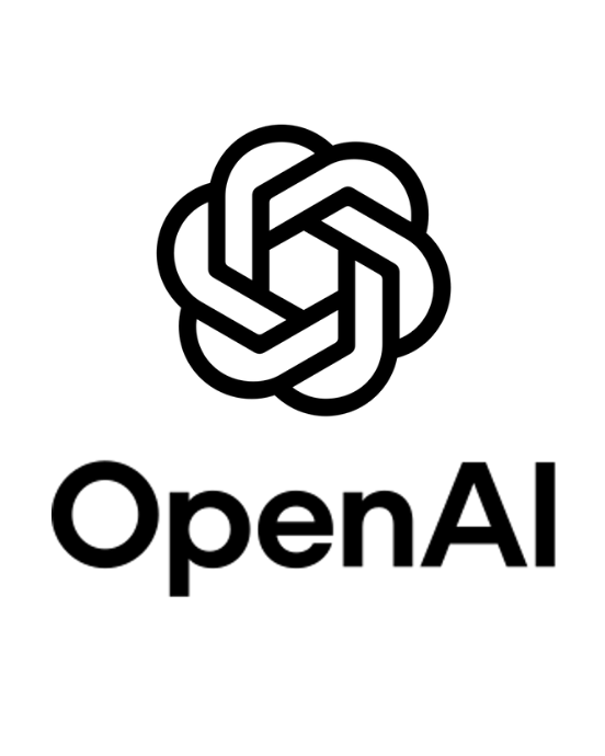 OpenAI-Logo mit stilisiertem, sechseckigem Knoten und darunterliegendem Schriftzug.