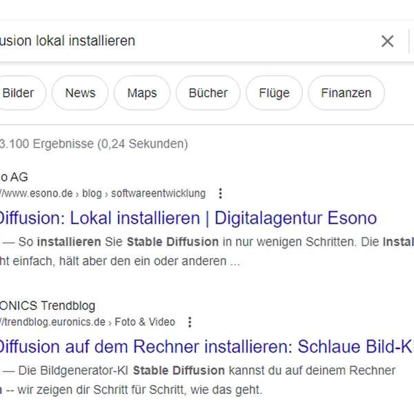 Suchergebnisse für "stable diffusion lokal installieren" mit zwei hervorgehobenen Artikeln von Esono AG und EURONICS.