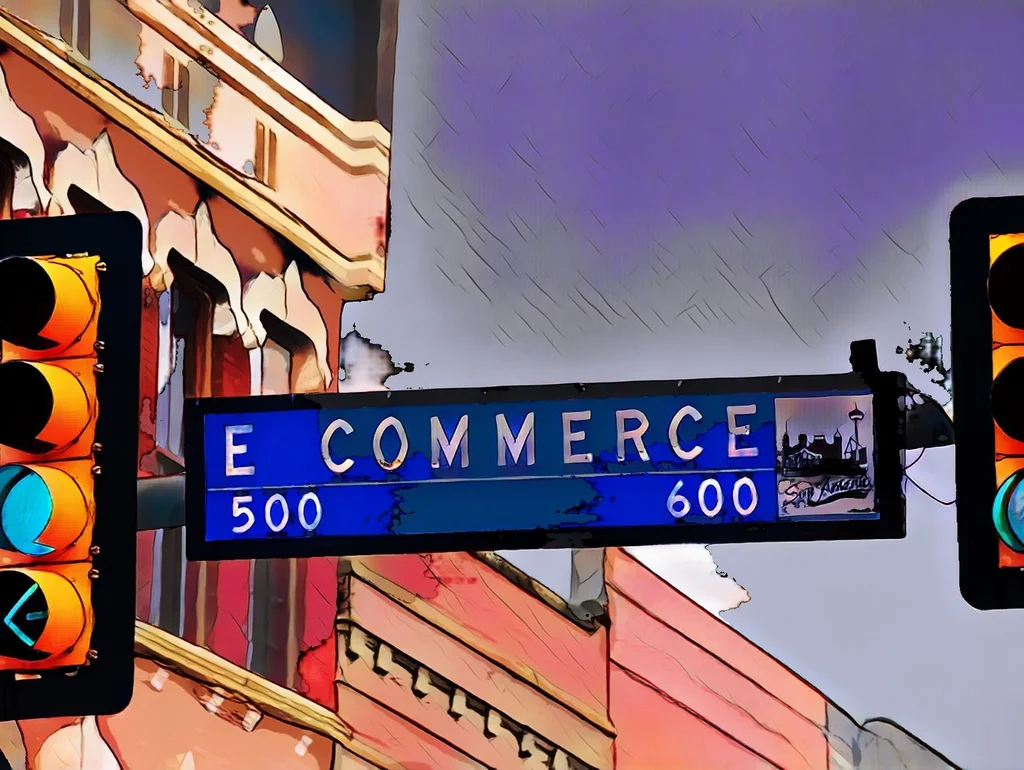 Straßenschild mit der Aufschrift "E Commerce" und Leuchtsignalen vor städtischer Architektur im Hintergrund.