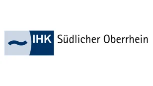 Logo der IHK Südlicher Oberrhein mit stilisiertem Wellenmotiv auf blauem Hintergrund.