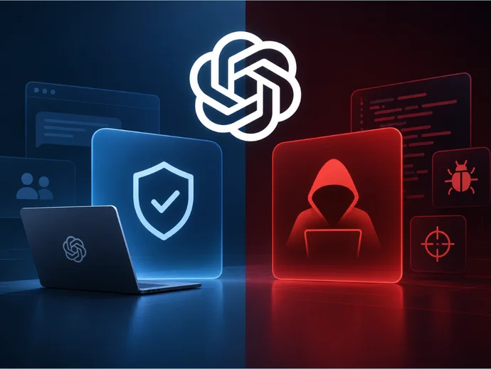 Laptop mit Sicherheitssymbol vs. Hacker mit Kapuze; Kontrast zwischen Datenschutz und Cyberkriminalität dargestellt.