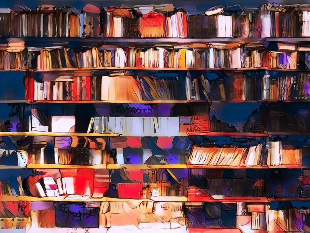Künstlerische Darstellung eines Bücherregals mit bunt gestalteten Büchern.