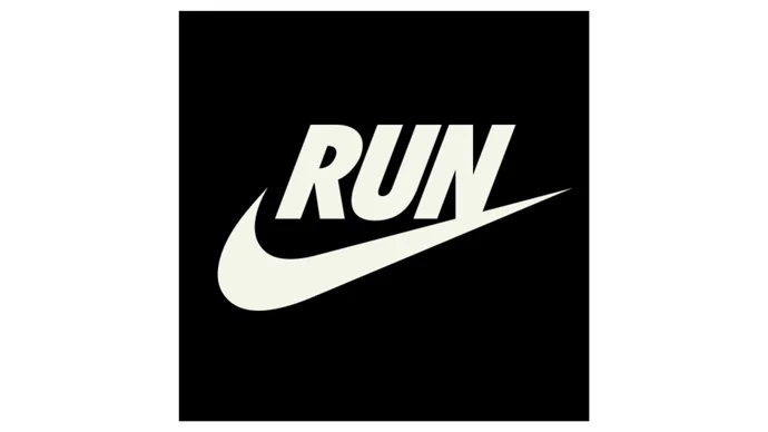 Schwarzer Hintergrund mit dem weißen Wort "RUN" und darunter das Nike-Swoosh-Logo.