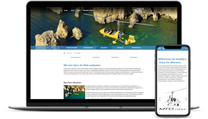 Laptop und Smartphone mit geöffneter Website; zeigt Gyrokopter und Informationen über Gyro-Touren vor einer felsigen Küstensekulisse.