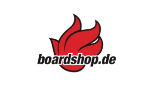 Logo von Boardshop.de: Rote Flamme hinter dem schwarzen Schriftzug "boardshop.de".