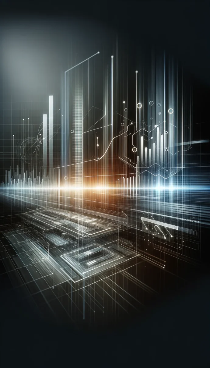 Abstraktes digitales Diagramm mit leuchtenden Linien und Datenpunkten auf dunklem Hintergrund, das technologische Konzepte darstellt.