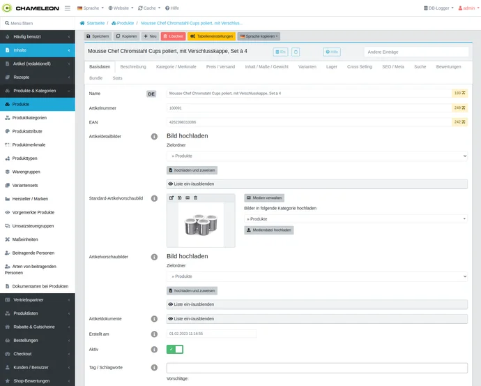 Benutzeroberfläche eines Produkts im Chameleon-Backend, zeigt Einstellungen und Upload-Optionen für Bilder und Kategorien.