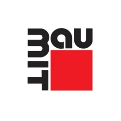 Logo mit stilisiertem Schriftzug "Bauhaus" und rotem Quadrat.