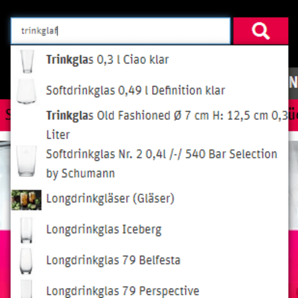 Dropdown-Menü mit Suchergebnissen für "Trinkglas", zeigt verschiedene Glasarten und -größen zur Auswahl.