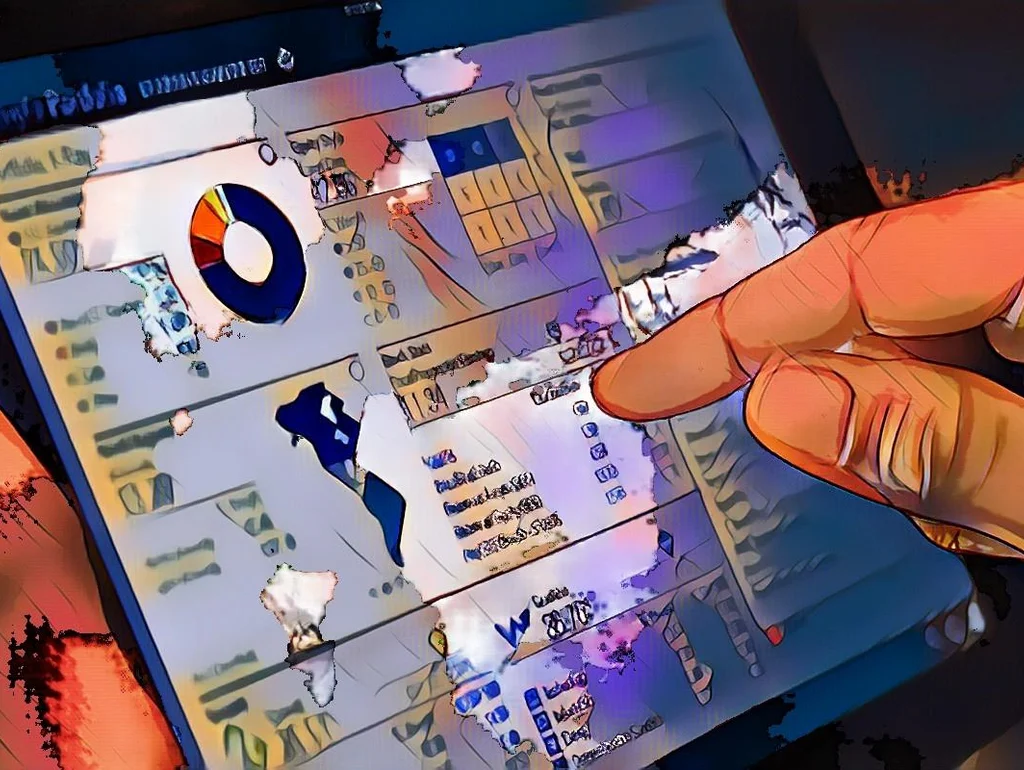 Person nutzt Tablet mit buntem Diagramm und Datenübersicht.
