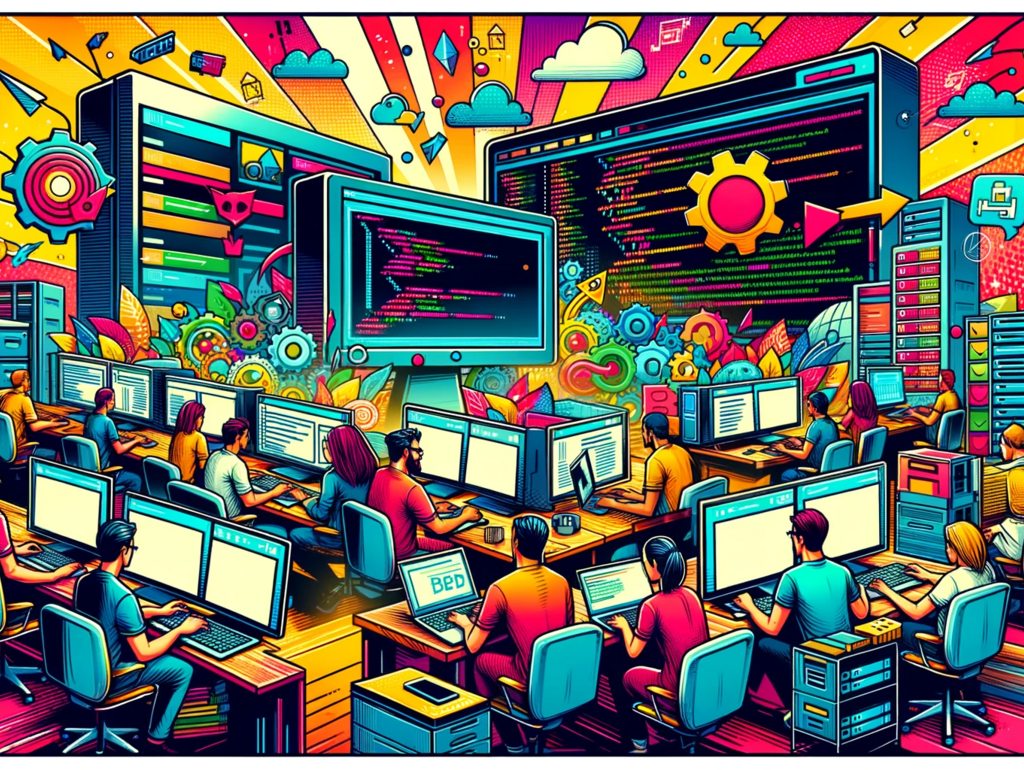 DALL·E 2024-01-23 11.29.28 - A vibrant comic-style header illustration depicting the theme of 'Laravel DevOps  Efficient Development and Operations'. The image features a dynamic,
