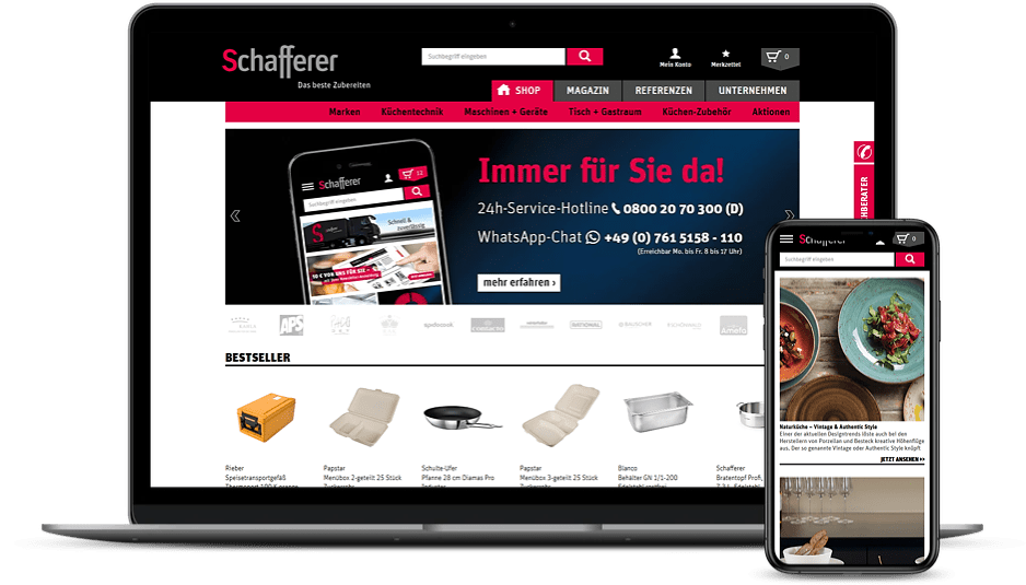 Website-Ansicht auf Laptop und Smartphone mit Startseite eines Online-Shops, der Küchen- und Gastronomiebedarf verkauft.