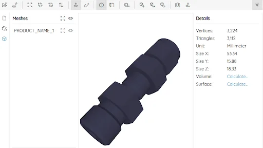 3D-Modell eines mechanischen Bauteils mit technischen Details zu Eckpunkten, Dreiecken und Maßen in Millimetern.