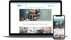 Laptop und Smartphone zeigen eine Webseite für Möbel und Wohnaccessoires mit modernem Design.