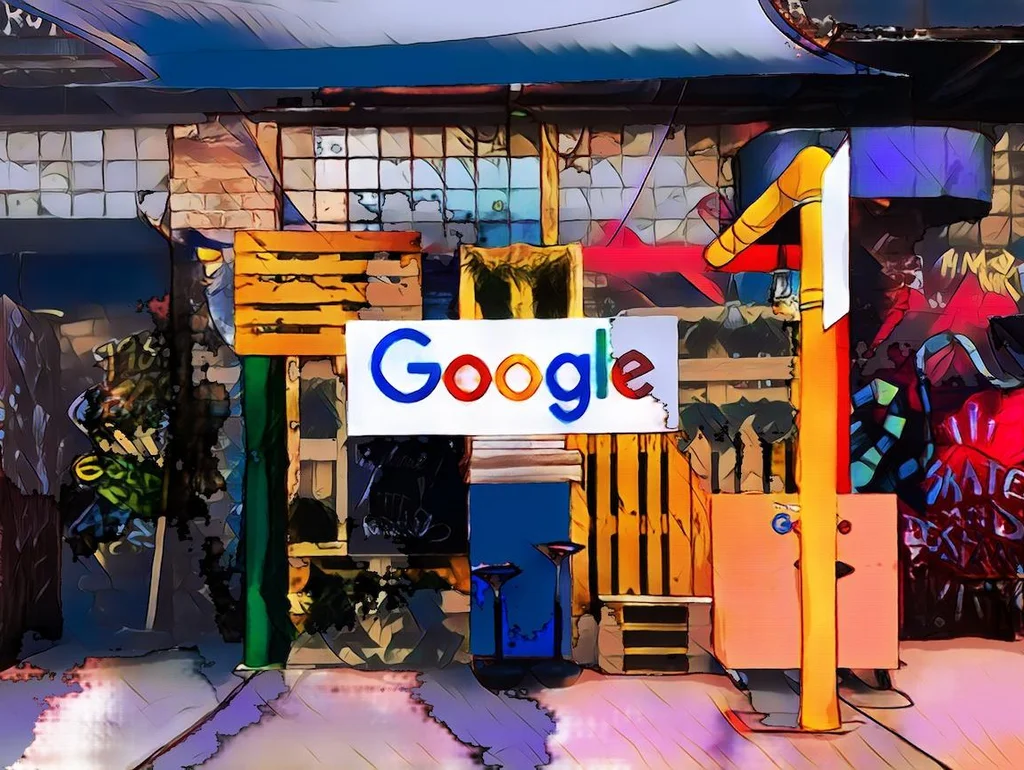 Gemälde eines Gebäudes mit Graffiti, im urbanen Stil, und einem Google-Schild im Vordergrund.