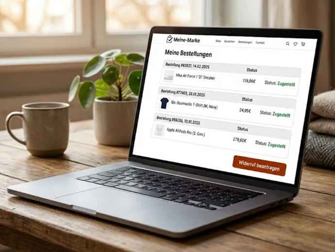 Laptop zeigt Bestellübersicht einer Webseite mit Artikeln und Status. Daneben ist eine Tasse Kaffee, im Hintergrund eine Pflanze.