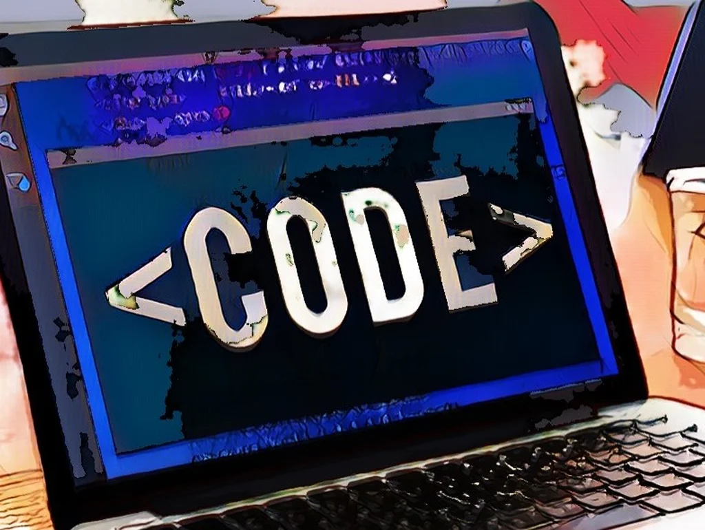 Laptop mit Code-Editor auf dem Bildschirm, im Hintergrund unscharfe Personen und ein Glas.