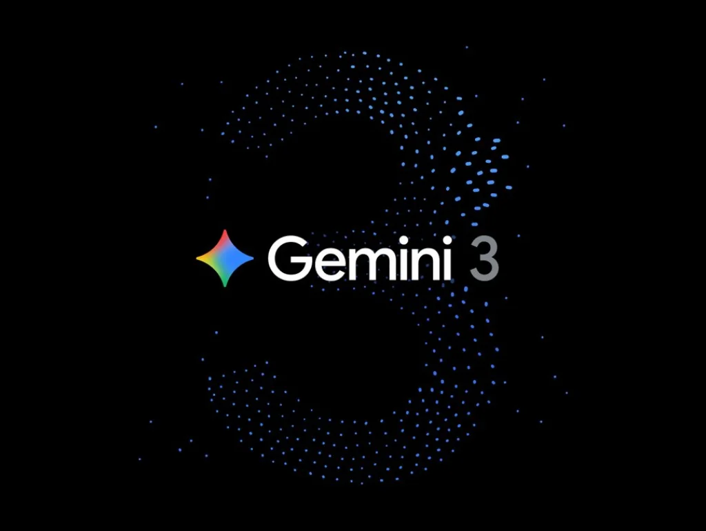 Schwarzer Hintergrund, geometrische Punkte formen eine 3, begleitet von einem bunten Stern und der Schrift "Gemini 3".