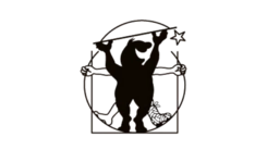Schematische Darstellung eines Bären in anthropometrischer Pose mit Werkzeugen und einem Stern, stilisiert nach Leonardo da Vincis Vitruvianischem Mensch.