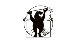 Schematische Darstellung eines Bären in anthropometrischer Pose mit Werkzeugen und einem Stern, stilisiert nach Leonardo da Vincis Vitruvianischem Mensch.