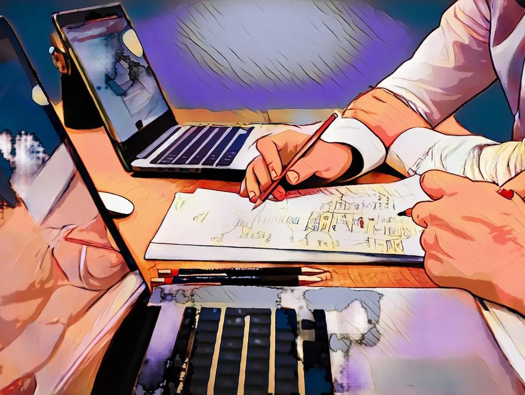 Person arbeitet an einem Schreibtisch mit Laptops und Papieren, macht Notizen mit Bleistiften in kreativer Umgebung.