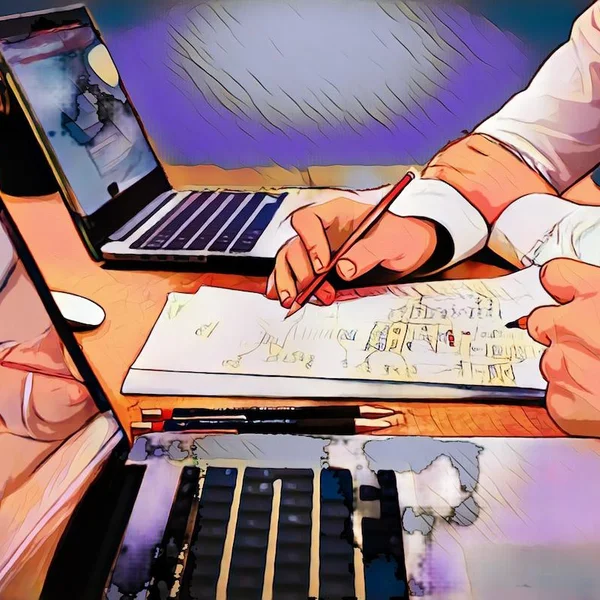 Person arbeitet an einem Schreibtisch mit Laptops und Papieren, macht Notizen mit Bleistiften in kreativer Umgebung.