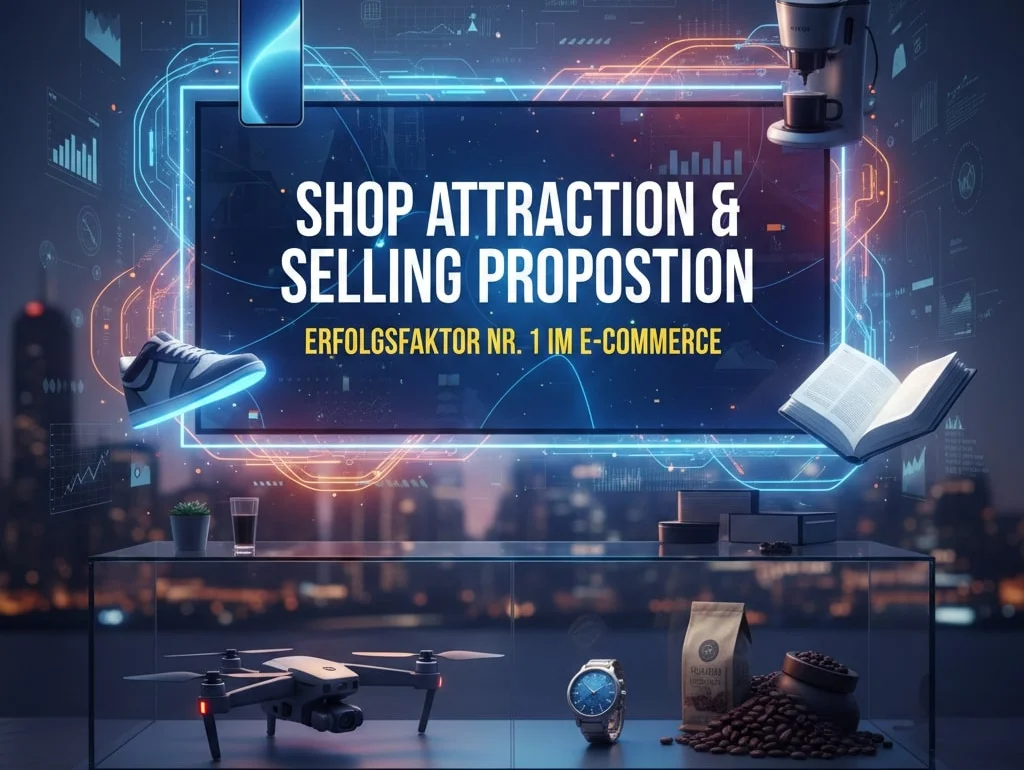 Shop-Display mit Elektronik, Mode und Kaffee vor Stadt-Silhouette, Text: "Shop Attraction & Selling Proposition" für E-Commerce.