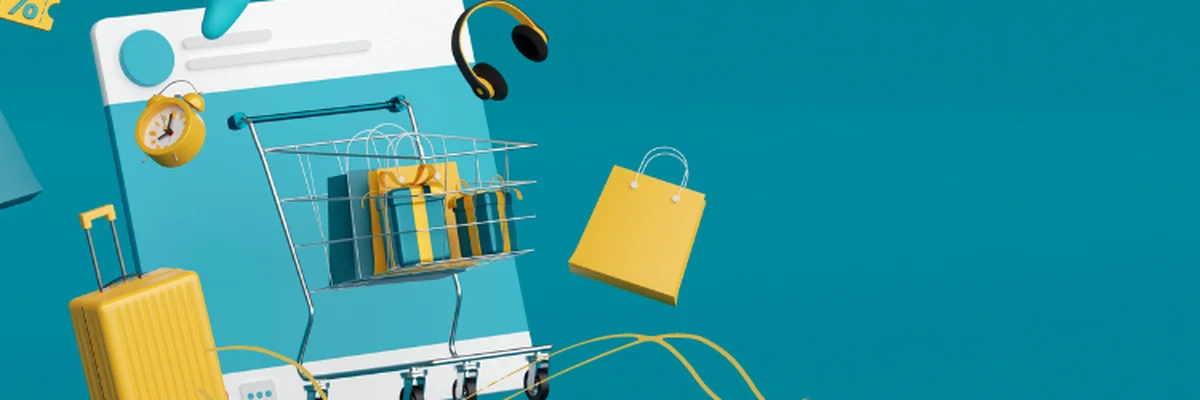 Einkaufskomposition mit Koffer, Warenkorb und Einkaufstaschen vor einem blauen Hintergrund, symbolisiert Online-Shopping.