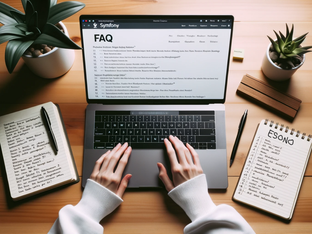 Ein heller Schreibtisch mit einem Laptop, der eine FAQ-Seite zu Symfony zeigt. Neben dem Laptop liegen Notizzettel mit handgeschri