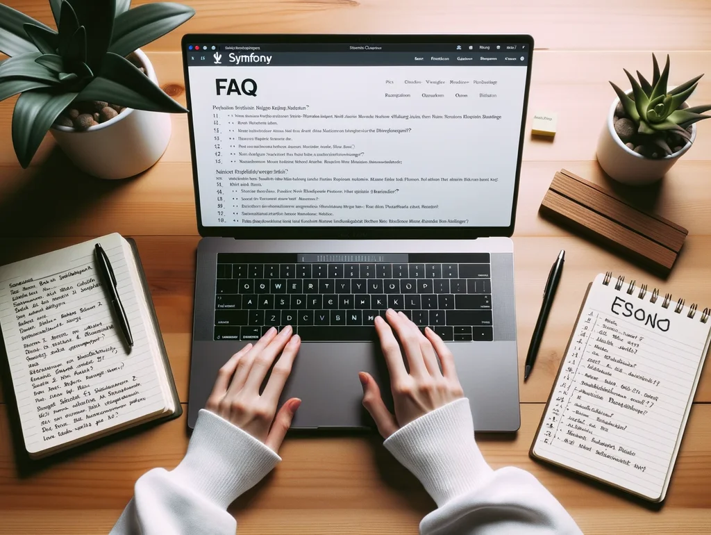 Ein heller Schreibtisch mit einem Laptop, der eine FAQ-Seite zu Symfony zeigt. Neben dem Laptop liegen Notizzettel mit handgeschri