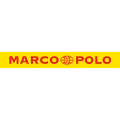 Gelbes Banner mit rotem Text "MARCO POLO" und einem Globus-Symbol in der Mitte.