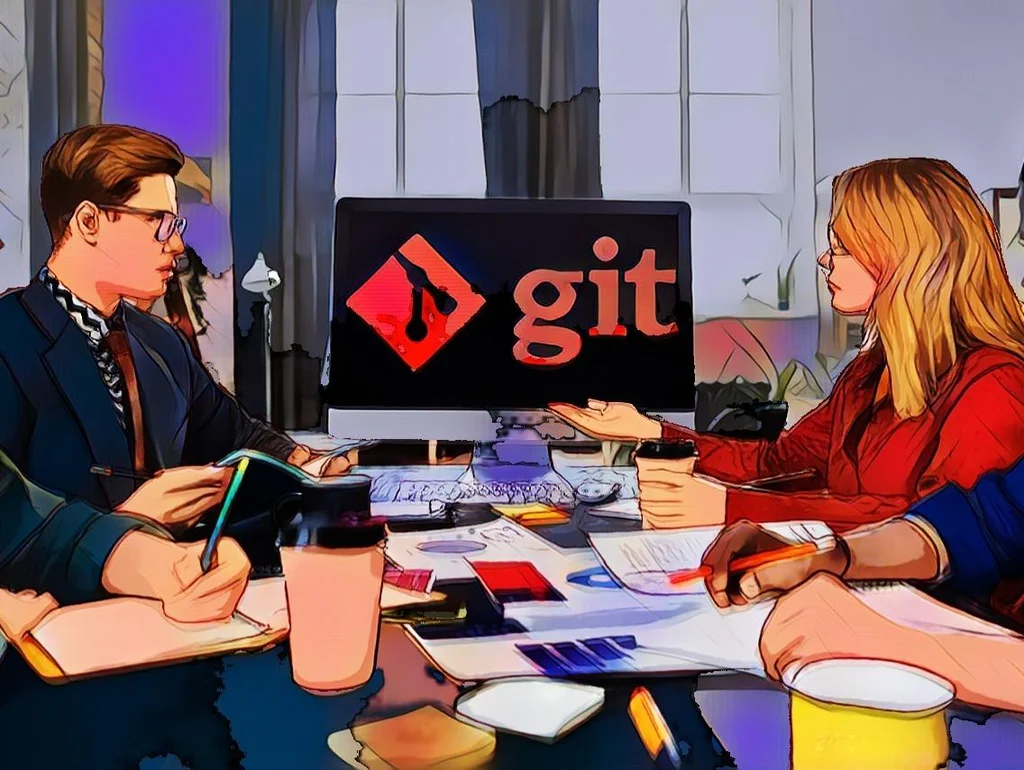 Personengruppe diskutiert an einem Tisch vor einem Bildschirm mit dem Git-Logo.