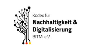 Logo von BITMi e.V. mit Schriftzug "Kodex für Nachhaltigkeit & Digitalisierung". Links stilisierter Baum mit digitalem Design.