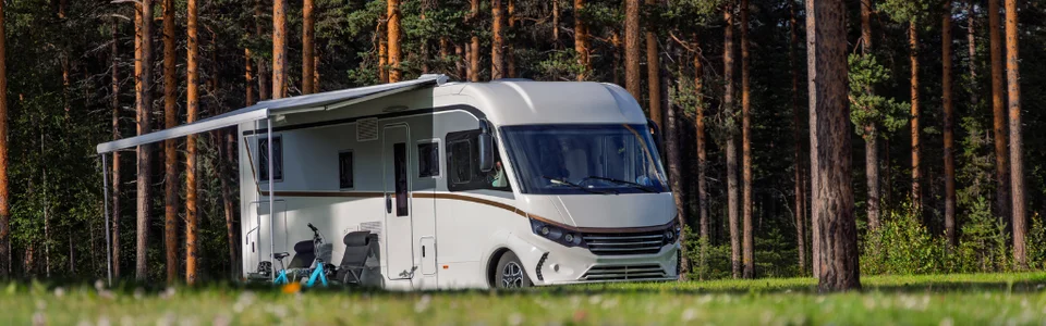 Wohnmobil mit Markise in einem waldigen Gebiet geparkt, umliegende Wiese und hohe Kiefern im Hintergrund.