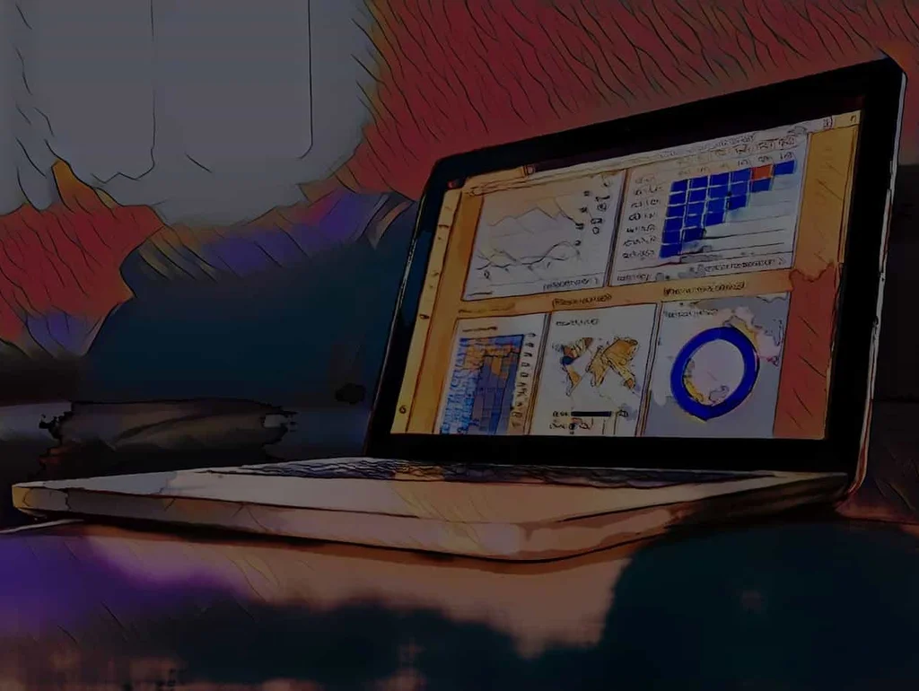 Laptop zeigt Datenvisualisierungen und Diagramme auf dem Bildschirm, in einem stilisierten künstlerischen Farbformat.
