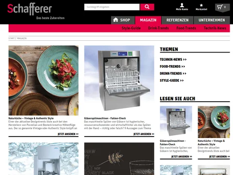 Webseite mit Artikeln zu Küchentrends, Bilder von Geschirr, Geschirrspüler und Themenübersicht im modernen Layout.
