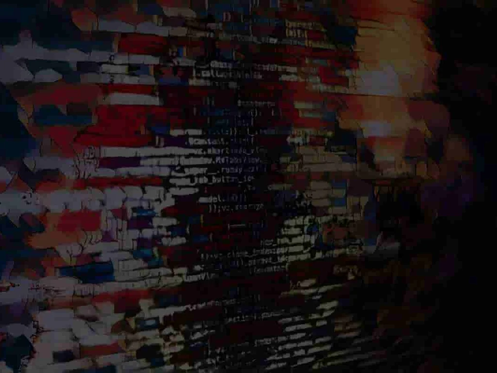 Farbige, verzerrte Textzeilen auf abstraktem, dunkel getöntem Hintergrund.
