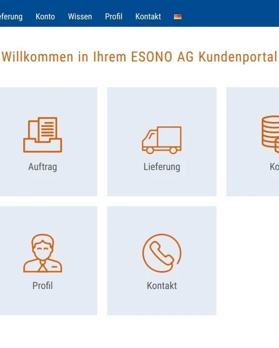 Kundenportal mit Menüpunkten: Suche, Auftrag, Lieferung, Konto, Wissen, Profil, Kontakt. Navigation oben, Symbole für Funktionen.