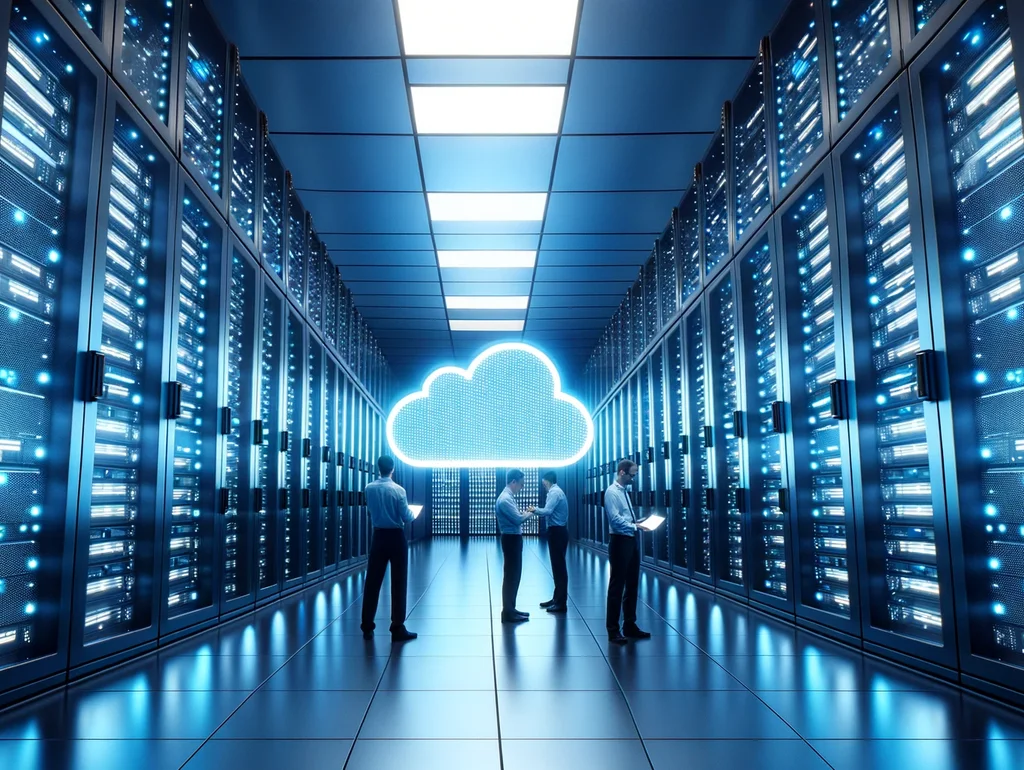 Foto eines hochmodernen Rechenzentrums  Blau beleuchtete Serverracks erstrecken sich horizontal bis zum Horizont. Das helle Licht des Kubernetes-Logos