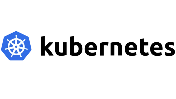 Logo von Kubernetes, bestehend aus einem blauen Sechseck mit einem weißen Steuerrad und dem Schriftzug "kubernetes" daneben.