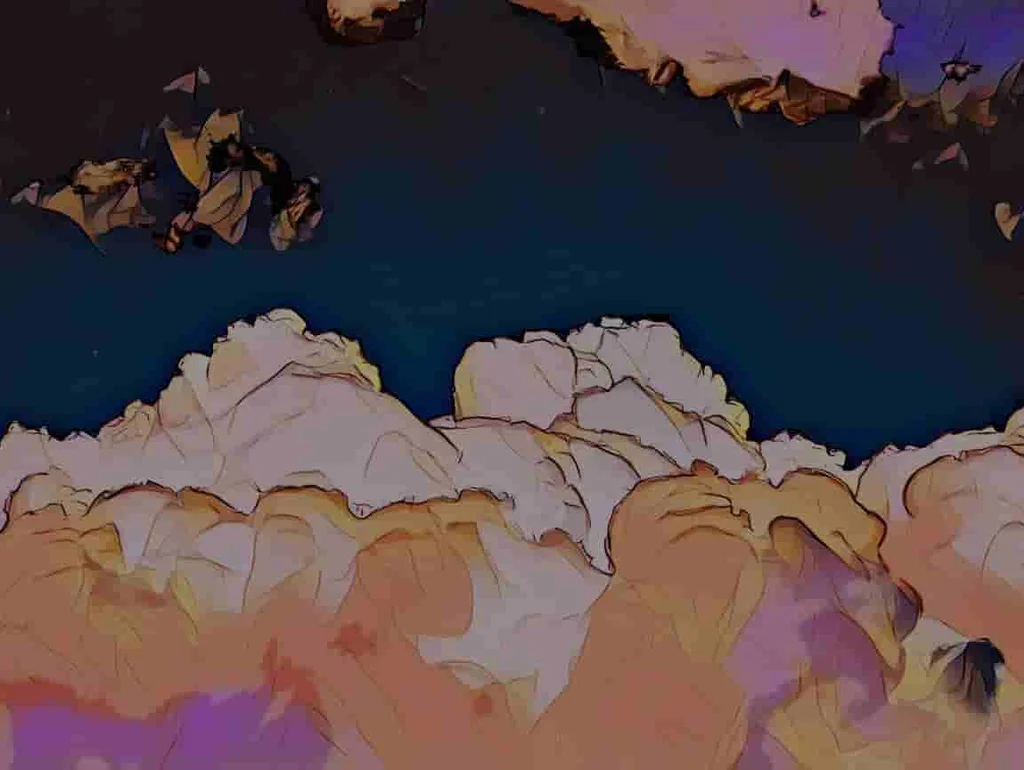 Digitale Illustration von rosa und orange Wolken vor einem dunklen Himmel.